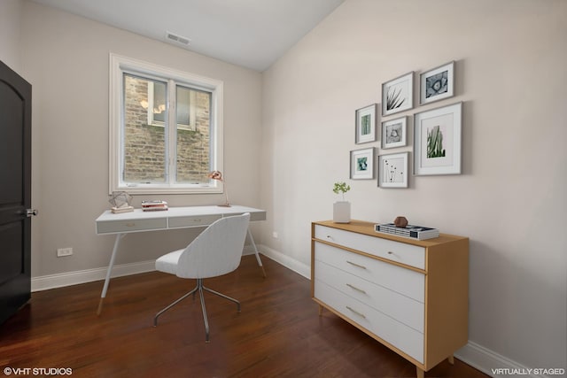 office area with dark hardwood / wood-style floors