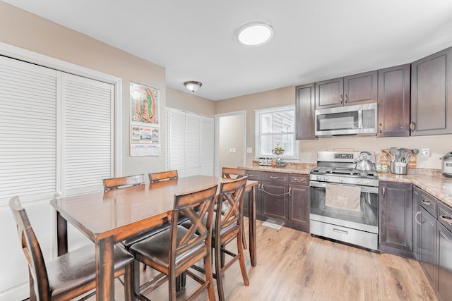 kitchen featuring dark brown cabinetry, light stone countertops, light hardwood / wood-style flooring, and appliances with stainless steel finishes