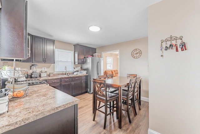 kitchen featuring dark brown cabinets, light wood-type flooring, stainless steel appliances, and sink