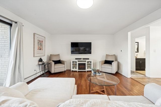 living room featuring dark hardwood / wood-style flooring, a fireplace, and a baseboard radiator