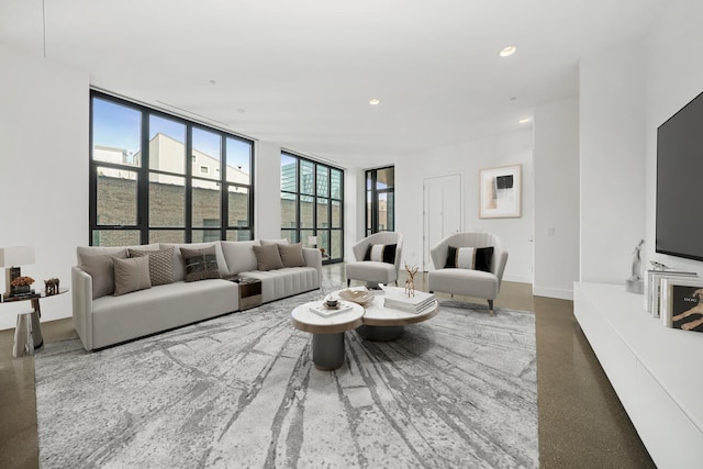 living room with floor to ceiling windows