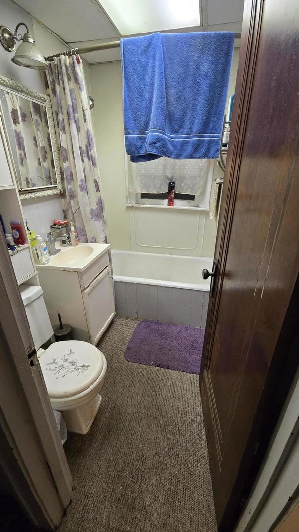 full bathroom featuring shower / bath combo with shower curtain, vanity, and toilet