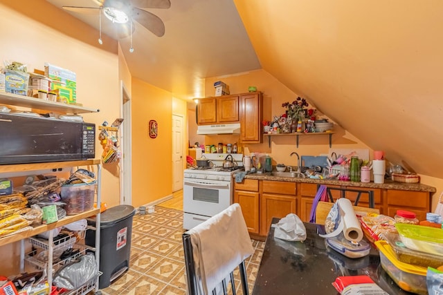 game room featuring ceiling fan and lofted ceiling