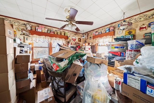 interior space featuring ceiling fan and ornamental molding