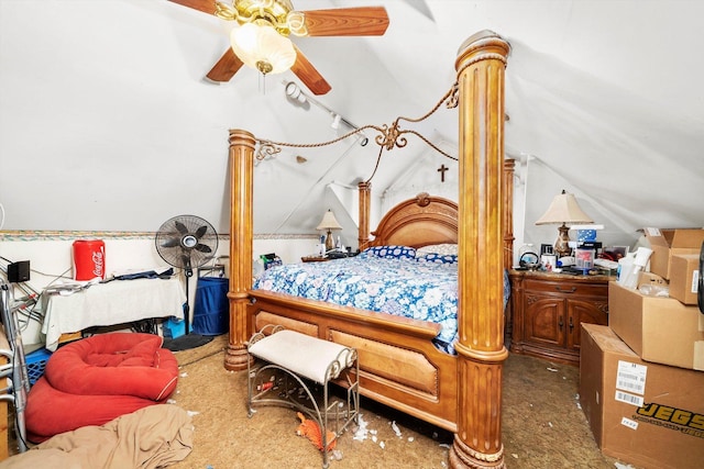 bedroom featuring vaulted ceiling and ceiling fan