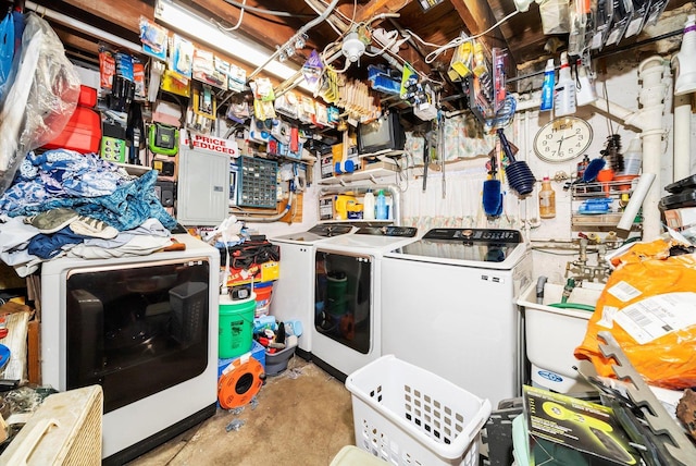 washroom with electric panel and washing machine and clothes dryer