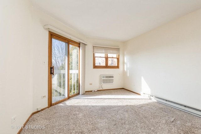 unfurnished room featuring baseboard heating, carpet, and a wall mounted air conditioner