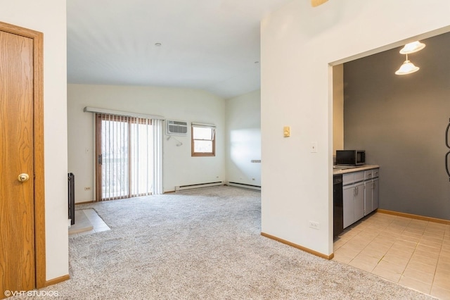 interior space featuring a wall mounted air conditioner, dishwasher, lofted ceiling, a baseboard radiator, and light colored carpet