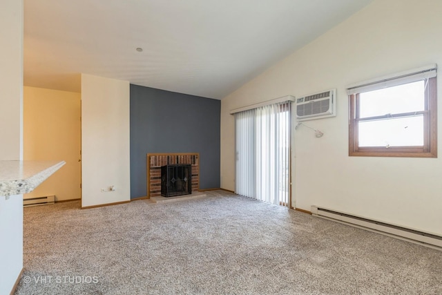 unfurnished living room featuring a fireplace, baseboard heating, a wall unit AC, and vaulted ceiling