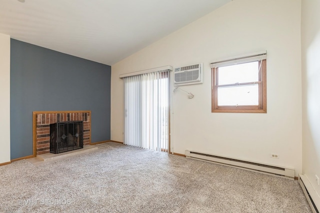 unfurnished living room featuring a wall mounted air conditioner, lofted ceiling, a brick fireplace, and a baseboard heating unit