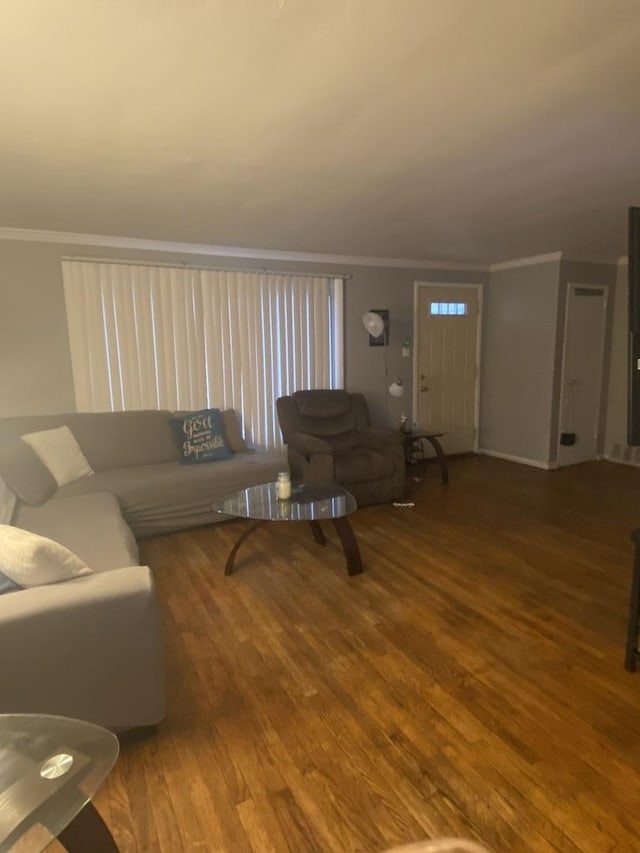 living room featuring crown molding and hardwood / wood-style floors