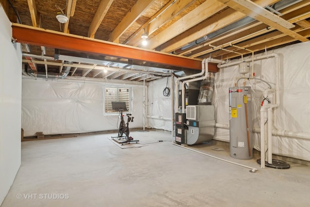 basement with water heater and heating unit