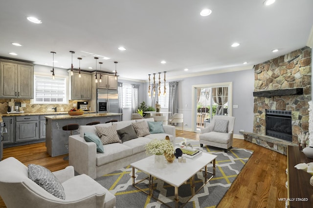 living room featuring a stone fireplace, ornamental molding, dark wood-type flooring, and a wealth of natural light