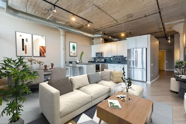 living room with sink, a towering ceiling, light hardwood / wood-style floors, and track lighting