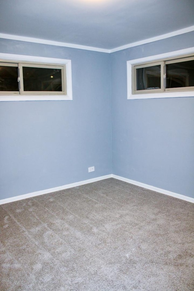 carpeted empty room featuring crown molding