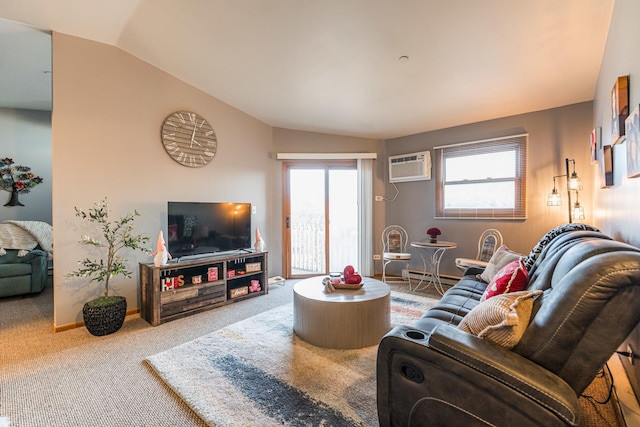 carpeted living room featuring vaulted ceiling, a baseboard heating unit, and a wall mounted AC