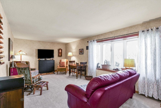 living room with carpet and a textured ceiling