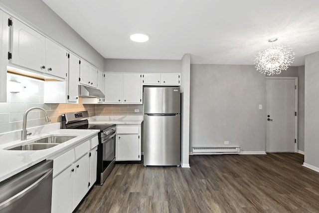 kitchen featuring stainless steel appliances, baseboard heating, sink, an inviting chandelier, and white cabinets