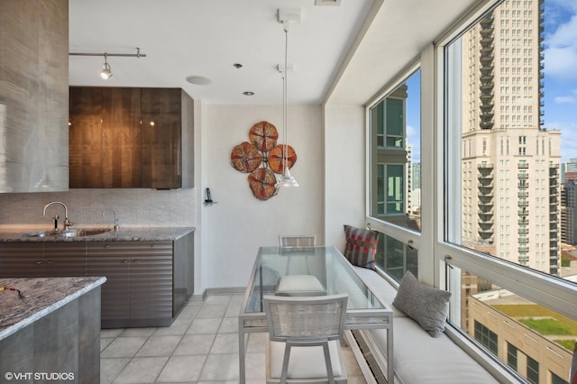 kitchen featuring backsplash, dark brown cabinetry, plenty of natural light, and sink