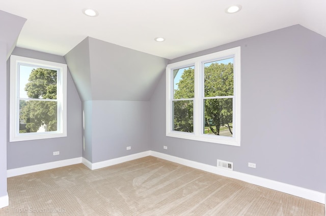 additional living space with a healthy amount of sunlight, light colored carpet, and vaulted ceiling