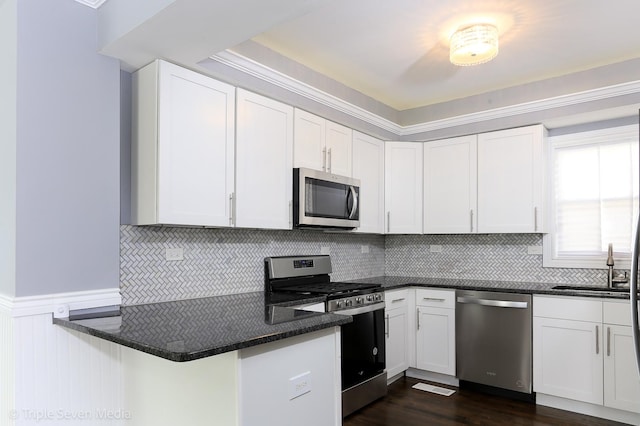 kitchen with white cabinetry, appliances with stainless steel finishes, and tasteful backsplash