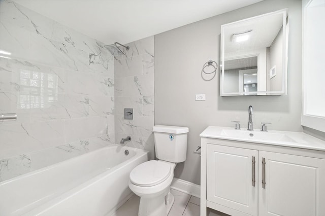 full bathroom featuring vanity, tiled shower / bath combo, and toilet