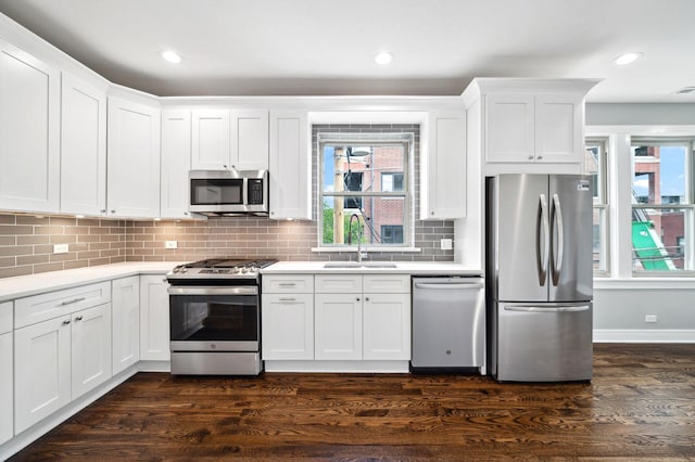 kitchen featuring white cabinetry, stainless steel appliances, dark hardwood / wood-style flooring, and sink