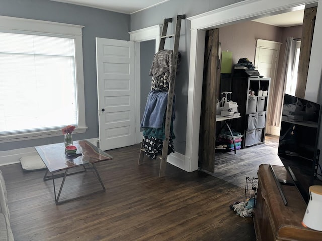 living room with a healthy amount of sunlight and dark hardwood / wood-style flooring