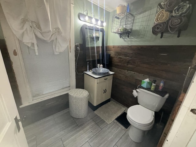 bathroom with wooden walls, vanity, and toilet