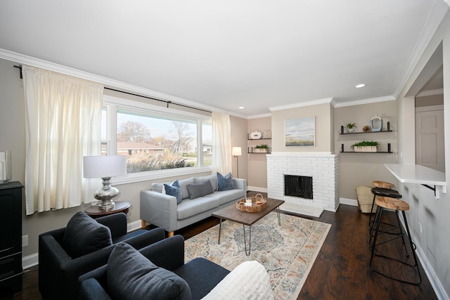 living room featuring dark hardwood / wood-style flooring, a fireplace, and ornamental molding