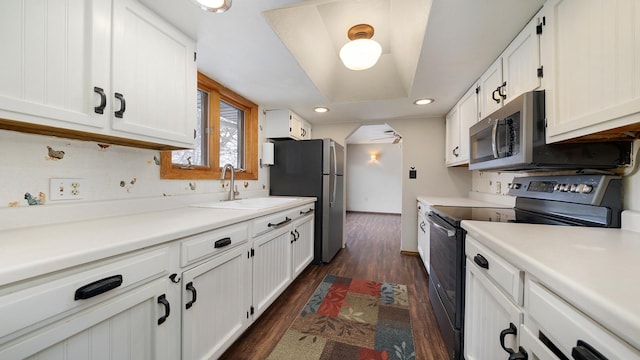 kitchen with white cabinets, dark hardwood / wood-style flooring, sink, and stainless steel appliances