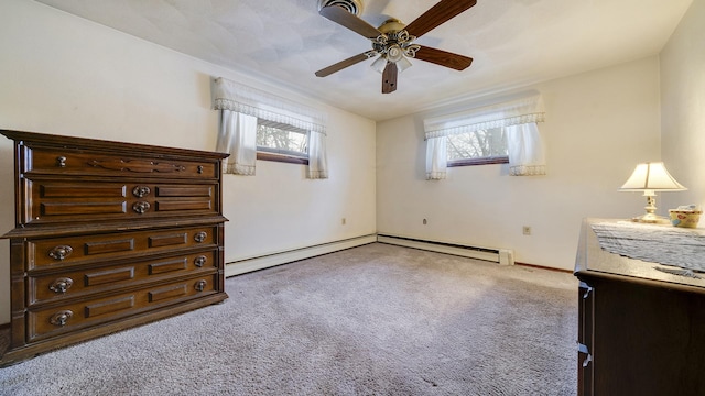 unfurnished bedroom with multiple windows, light colored carpet, and ceiling fan