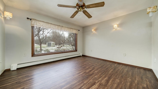 empty room with ceiling fan, dark hardwood / wood-style flooring, and a baseboard radiator