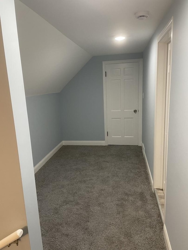 additional living space with lofted ceiling and dark colored carpet