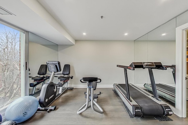 exercise room featuring dark wood-type flooring