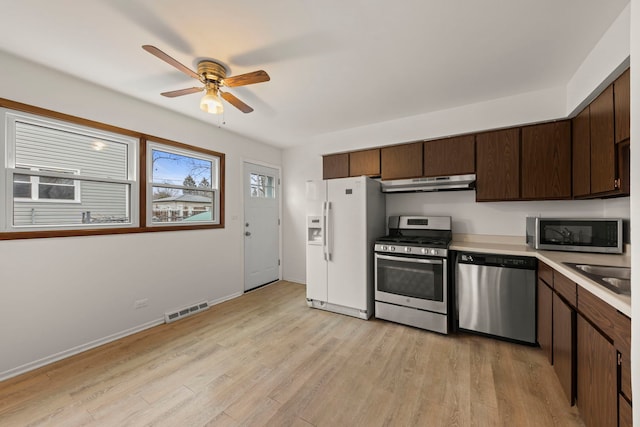 kitchen featuring appliances with stainless steel finishes, dark brown cabinetry, ceiling fan, sink, and light hardwood / wood-style flooring