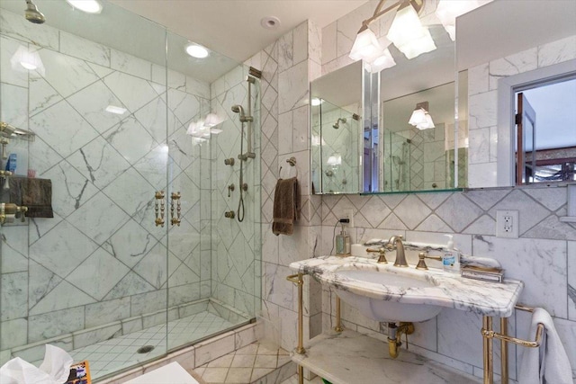 bathroom with backsplash and walk in shower