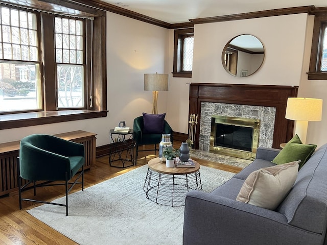 living room with a premium fireplace, radiator heating unit, hardwood / wood-style flooring, and crown molding