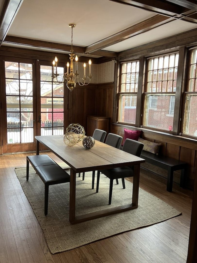 dining room featuring an inviting chandelier, plenty of natural light, and wood-type flooring