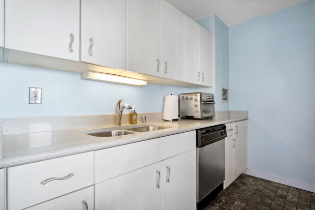 kitchen with white cabinetry, dishwasher, and sink