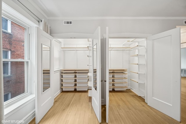 walk in closet with light hardwood / wood-style floors