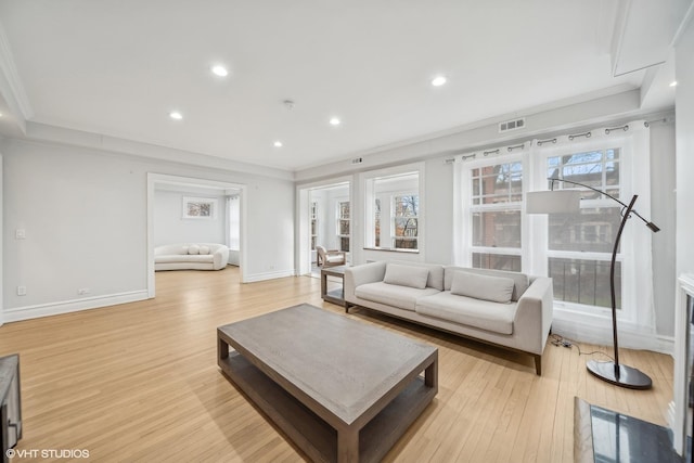 living room featuring light hardwood / wood-style floors and crown molding