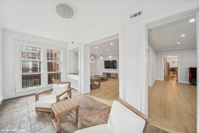 living room with crown molding