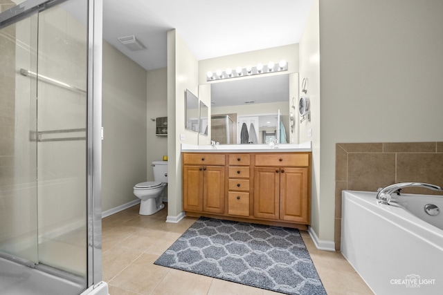 full bathroom with toilet, vanity, tile patterned flooring, and plus walk in shower