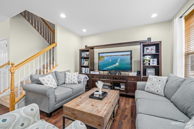 living room with dark hardwood / wood-style floors