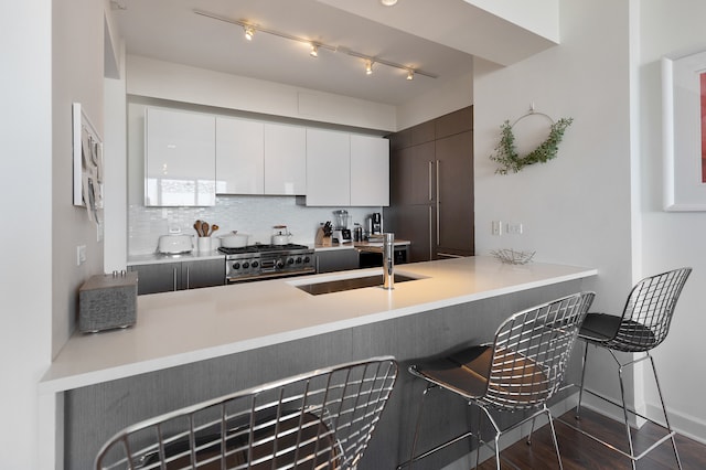 kitchen with kitchen peninsula, stainless steel range, white cabinets, and sink