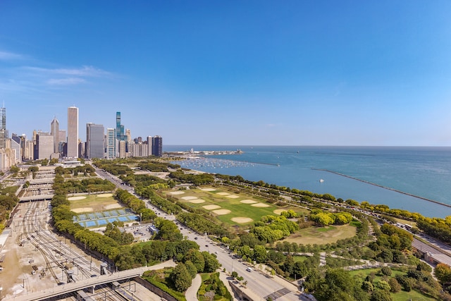 birds eye view of property featuring a water view