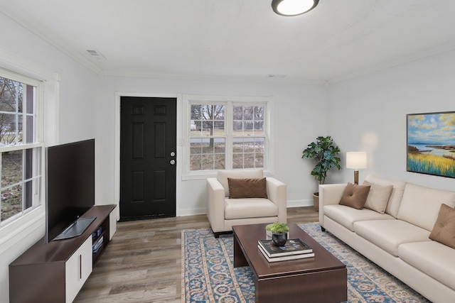 living room with hardwood / wood-style flooring and crown molding