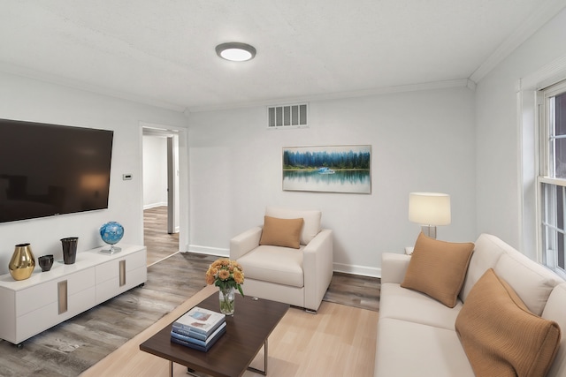 living room featuring crown molding and light hardwood / wood-style flooring