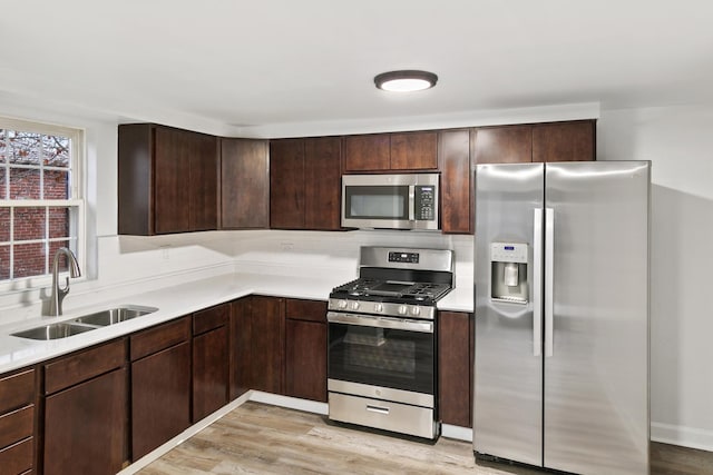 kitchen with dark brown cabinetry, sink, light hardwood / wood-style floors, and appliances with stainless steel finishes